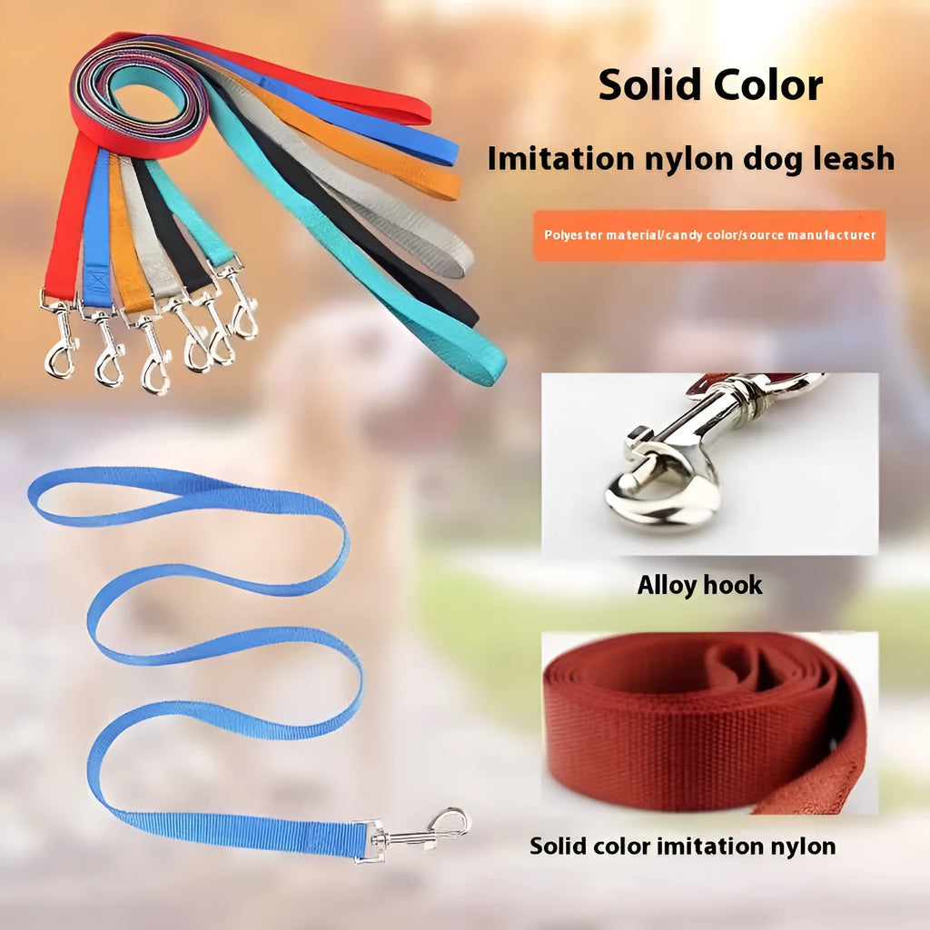 Solid colour polyester dog lead showing four width options and multiple colour choices on a 120cm rope.