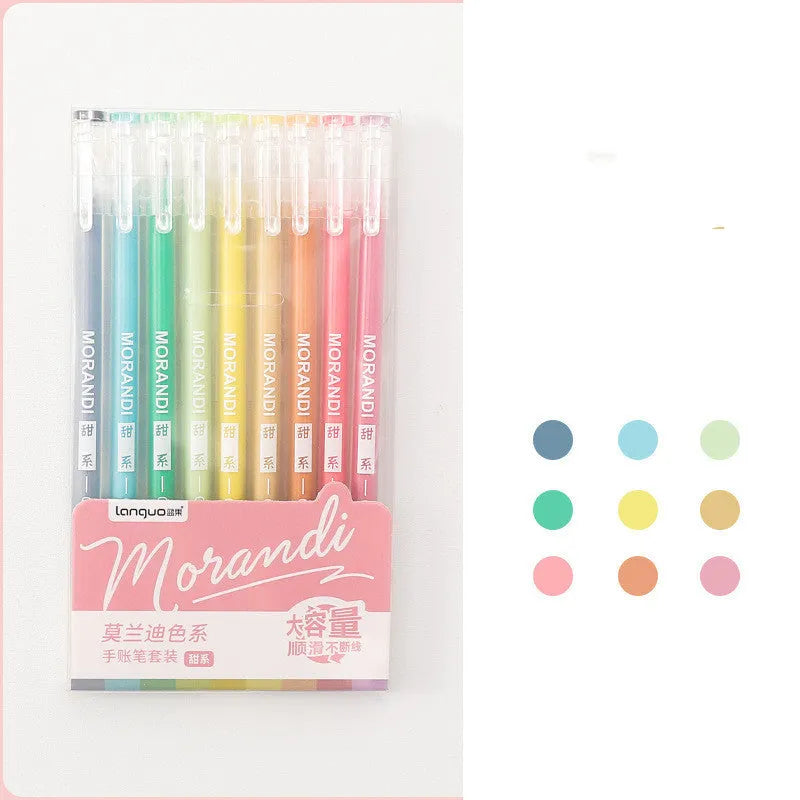 Set of nine solid colour gel pens with 0.5mm needle tips for student notes and journaling