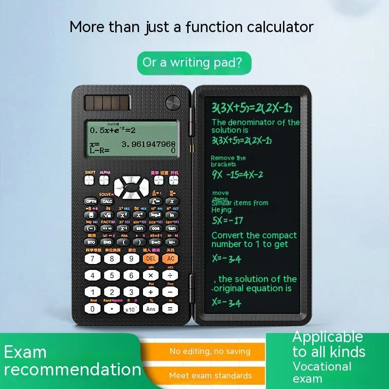 Versatile folding scientific calculator with integrated digital handwriting pad for seamless note-taking and calculations