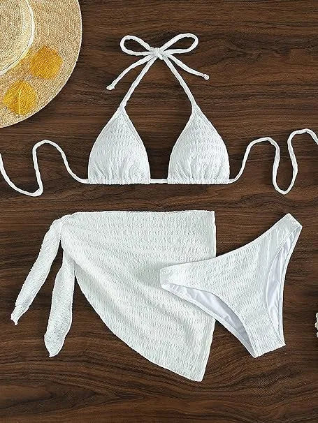 White lace-up split bikini swimsuit three-piece set with spandex fabric on woman at beach