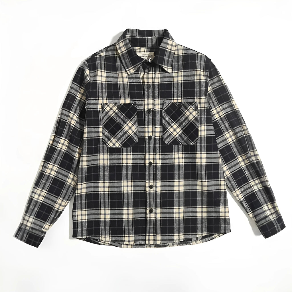 Men's thickened double pocket overalls long sleeve shirt in plaid pattern, loose cardigan fit, spandex blend, available in yellow