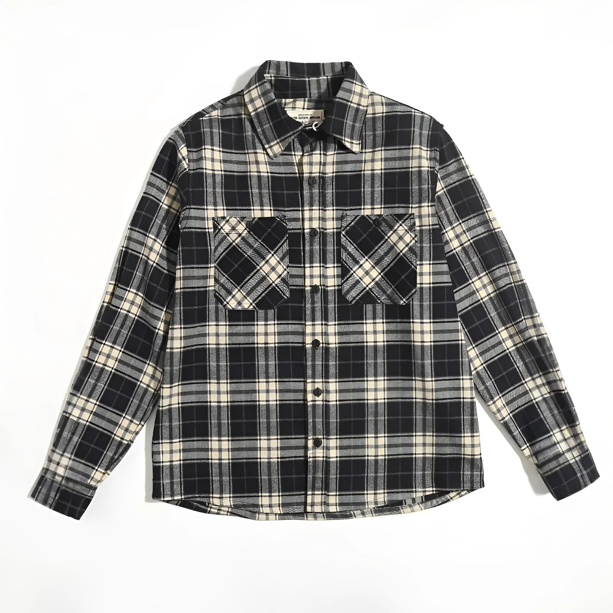 Men's thickened double pocket overalls long sleeve shirt in plaid pattern, loose cardigan fit, spandex blend, available in yellow