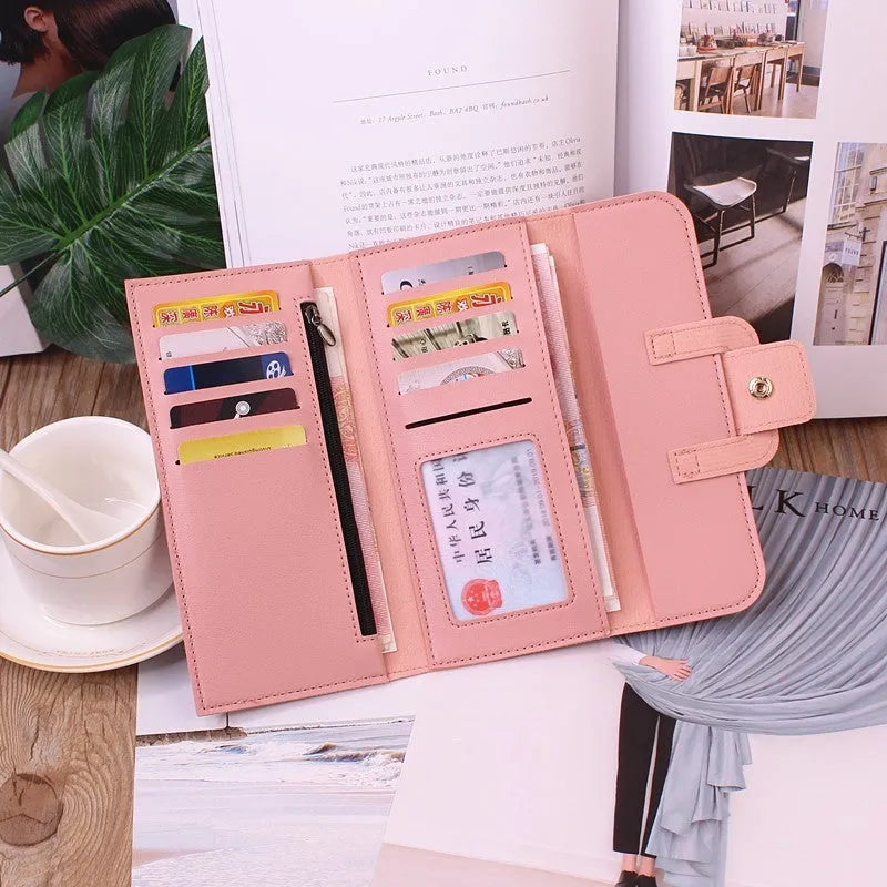 Women's tri-fold large capacity wallet in solid colour, soft PU leather with sewing thread detail