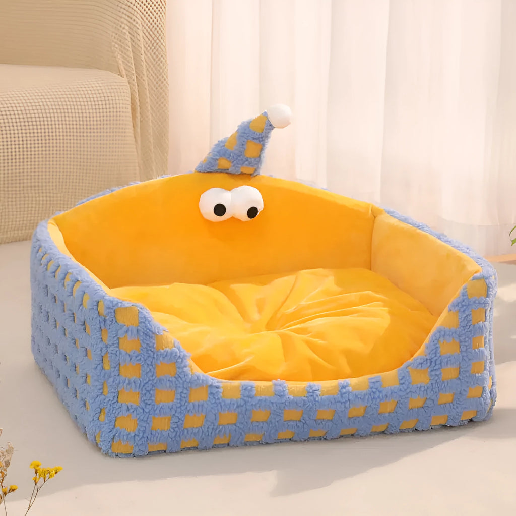 Triangular pet sleeping nest with removable cushion in green, purple and yellow colour options