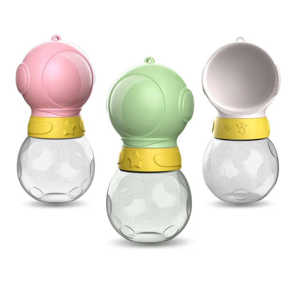 380ml portable dog water bottle with food feeder in white, green or pink, leak-proof travel pet drinker for walks