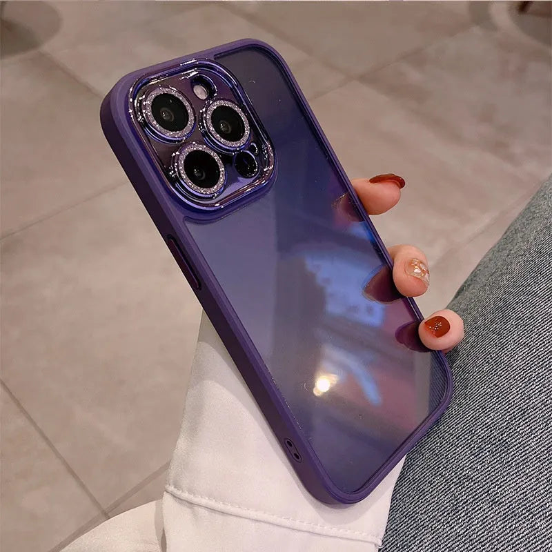 PC electroplated glitter full coverage phone case for iPhone with lens protector in dark purple