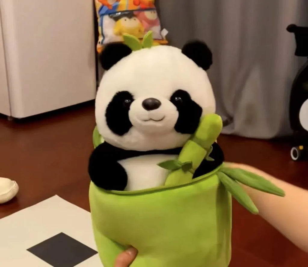Plush panda pillow holding bamboo stalk, 25cm tall with PP cotton filling