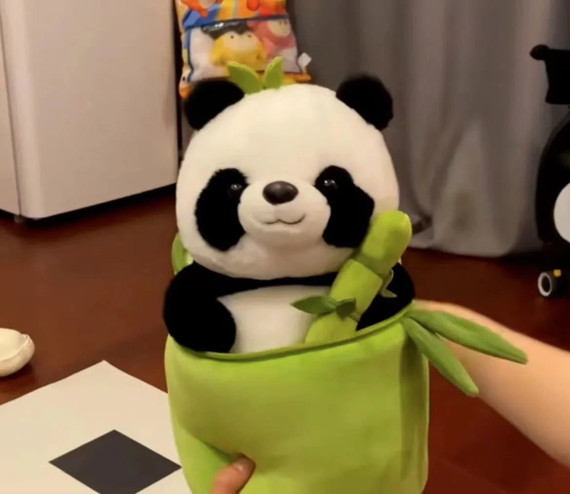Plush panda pillow holding bamboo stalk, 25cm tall with PP cotton filling