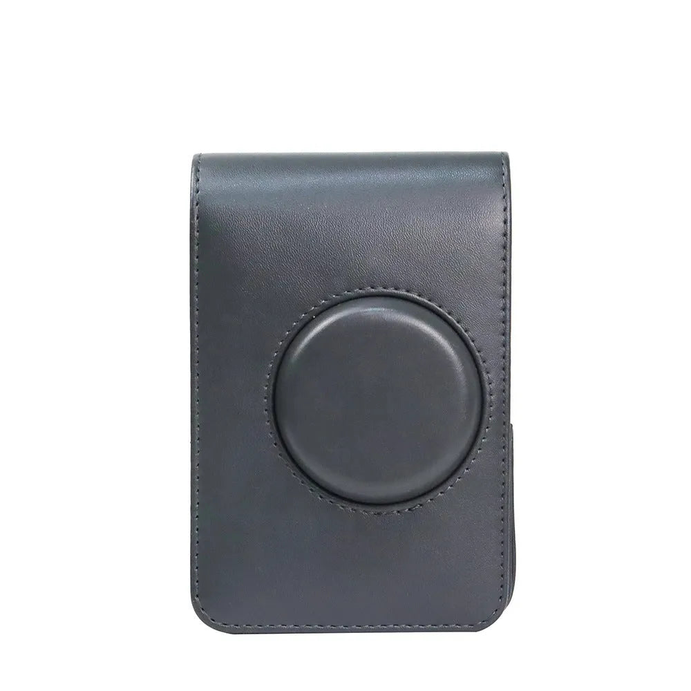 Portable retro PU leather camera storage shoulder bag with curved strap in silver texture finish