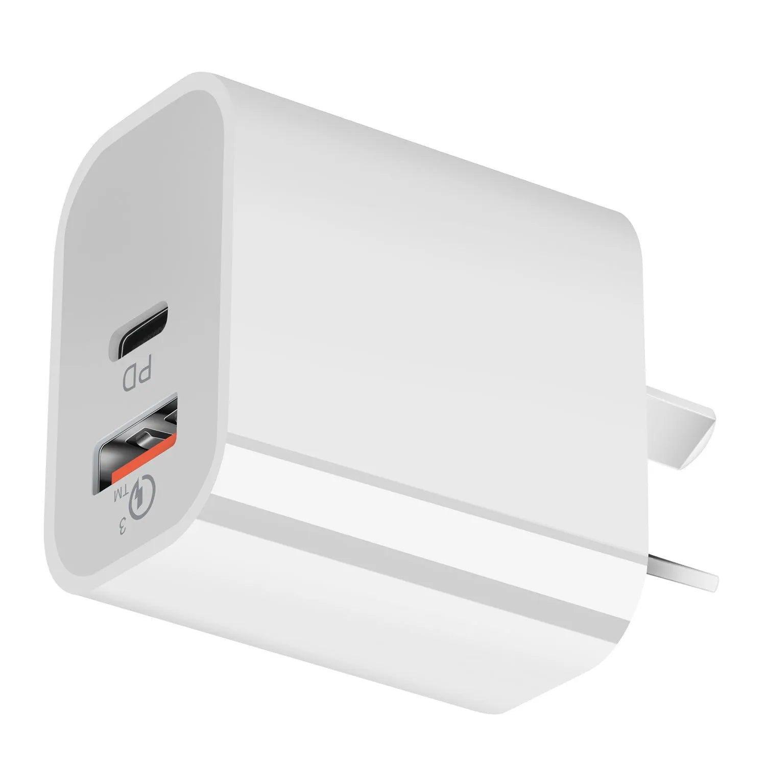 White Australian dual-port USB charger with USB-A and USB-C ports showing Australian plug