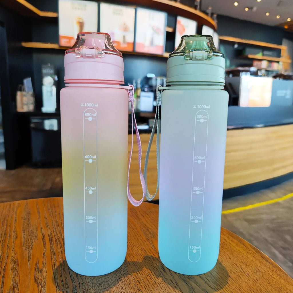 Rainbow gradient plastic sports cup 1L large capacity leak proof blue color direct drink style