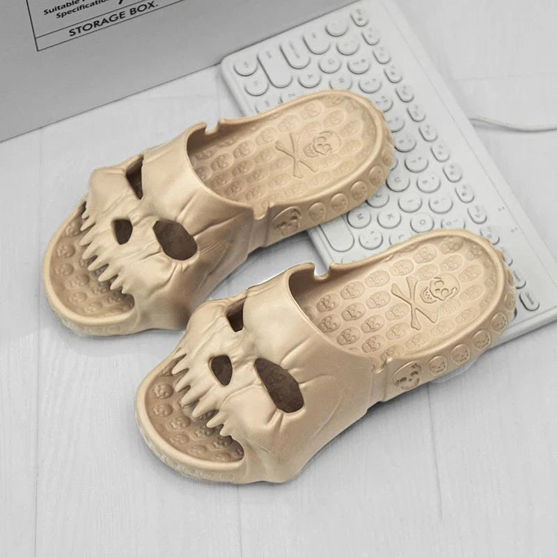 Spooky skull-patterned slide sandals in various colors, perfect for indoor and outdoor wear during the Halloween season