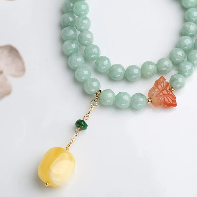 Double-layer women's bracelet with hanging jade beads and geometric beeswax barrel beads