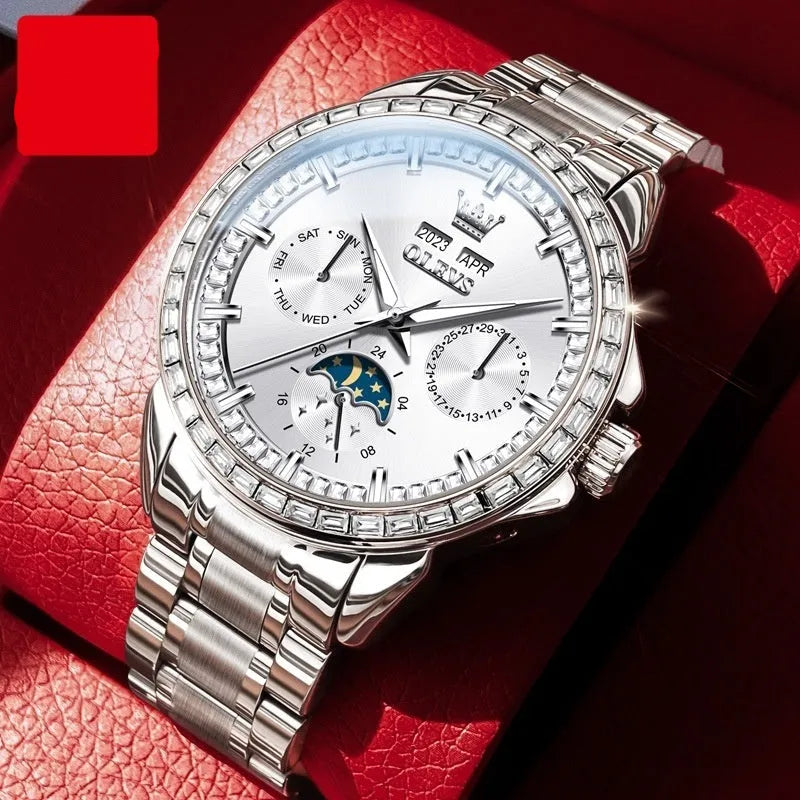 Men's automatic mechanical watch with diamond hour markers and transparent case back on stainless steel strap