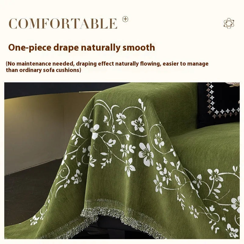 Chenille sofa cover with magnolia embroidery, plants and flowers pattern, Garland black coffee or green, size options to 180x480cm