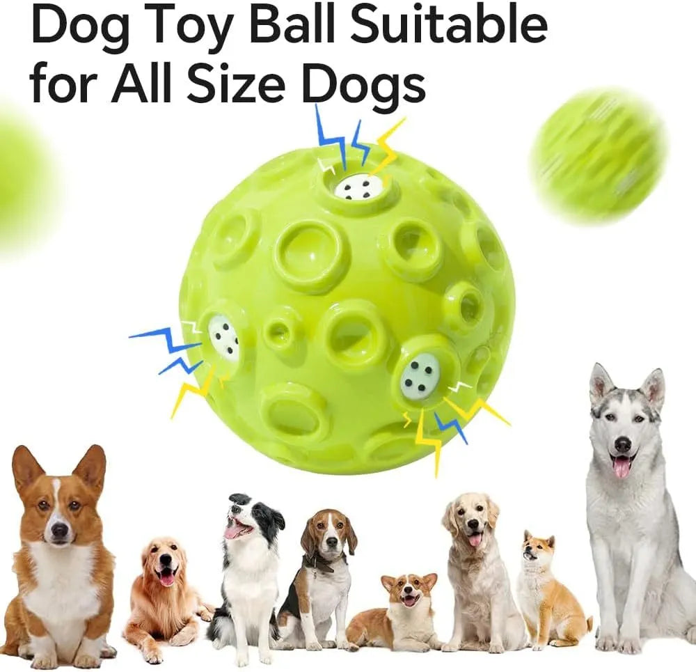 Durable interactive dog toy ball with meteorite bumps and magical squeaky sound in multiple colours