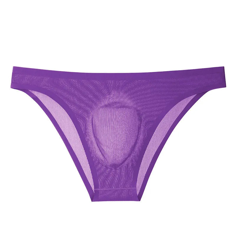 Men's seamless ice silk underwear briefs in stripe patterns showing ultra-thin translucent fabric