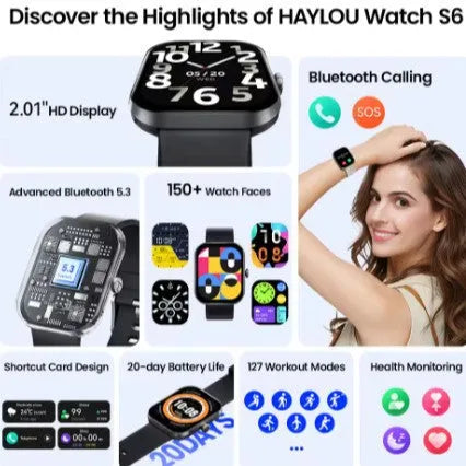 Haylou Watch S6S003 smart watch with silicone strap in black on a plain background