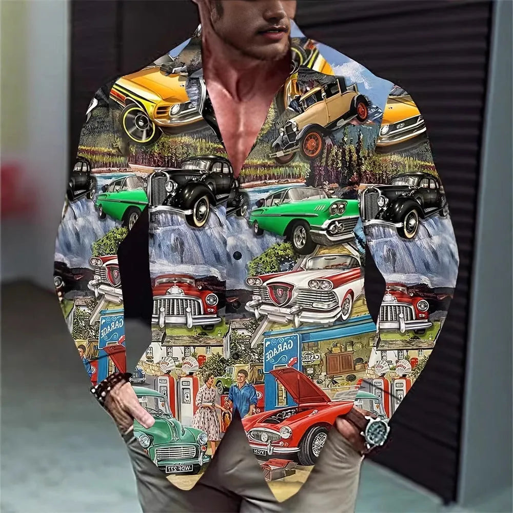 Men's Hawaiian style long sleeve shirt with floral pattern, loose cardigan fit