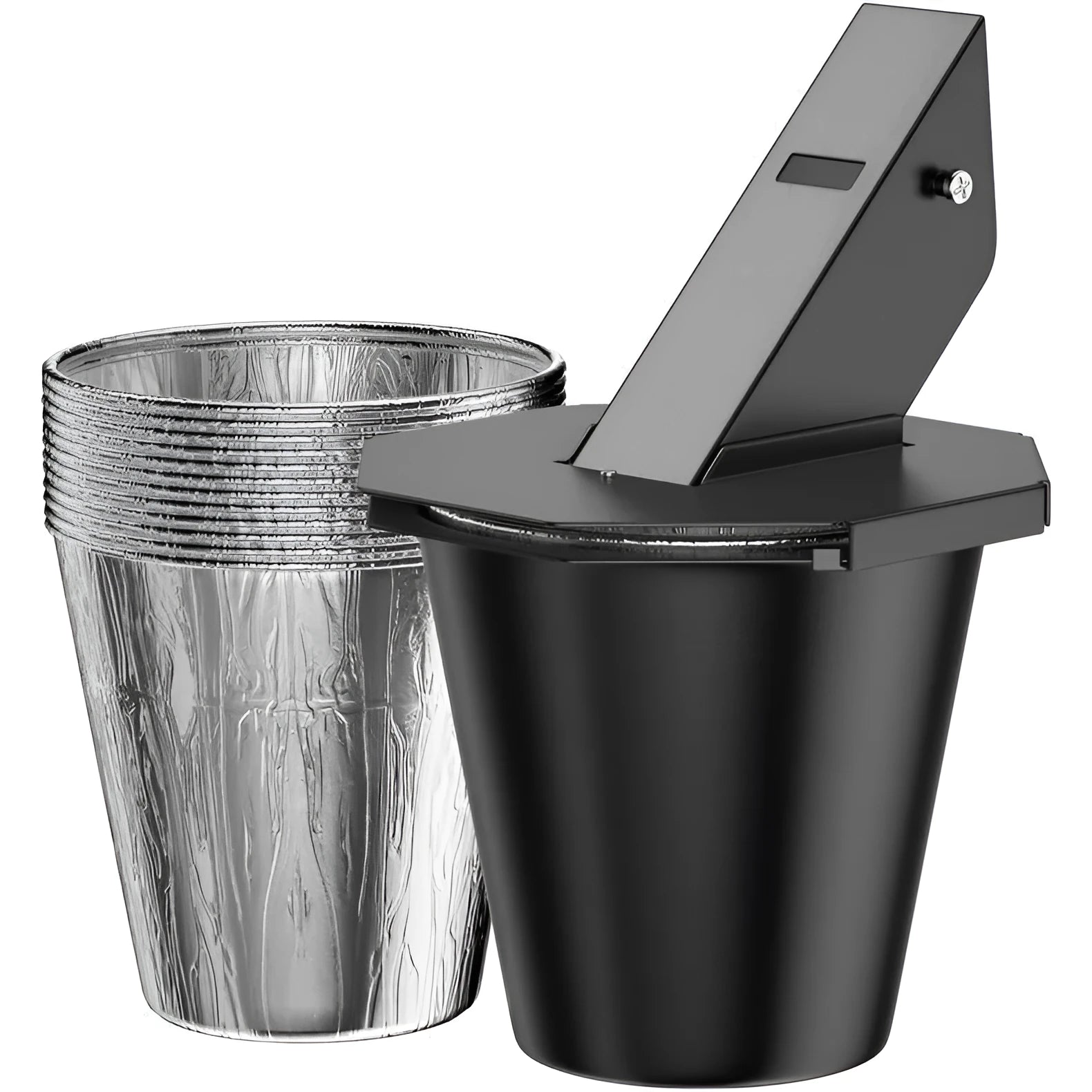 Black grease catcher with cover for barbecue smoker drip collection with tin foil bucket liners.