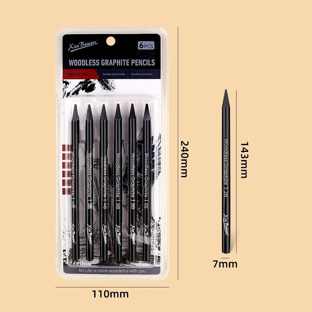 Set of six wood-free graphite full lead sketching pencils in a range of grades from HB to EE.