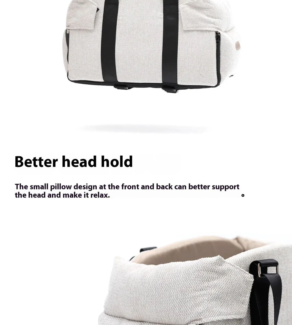 Beige white polyester pet car nest and diaper bag carrier measuring 23x20x40cm