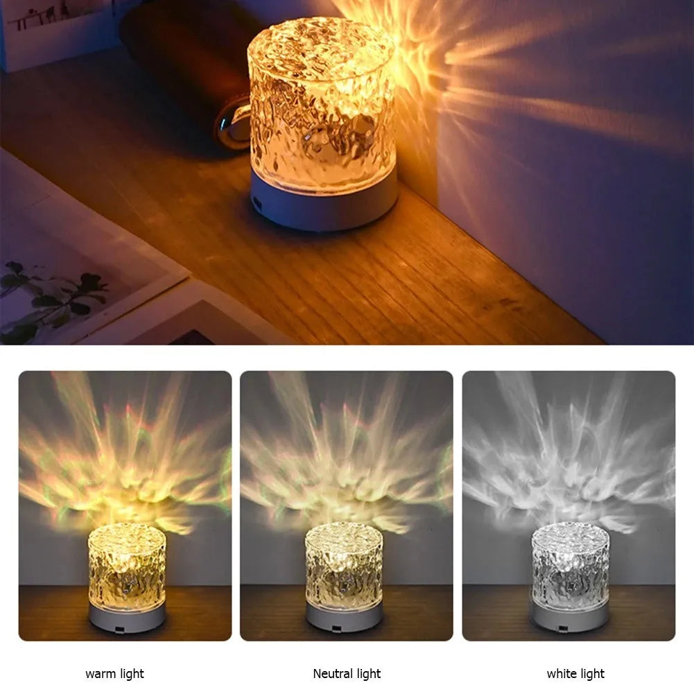 Crystal water ripple projector night light with acrylic lampshade, USB charging and touch control on a table