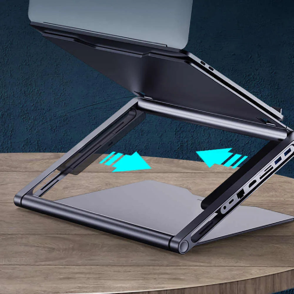 Aluminium alloy laptop stand in deep space grey with cave-type design and optional 8-in-1 docking station