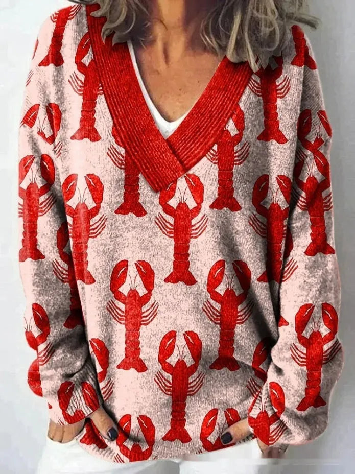 Women's V-neck sweatshirt with a printed 3D floral pattern in an art retro style.