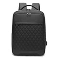 Men's solid colour Oxford cloth travel backpack with curved shoulder strap shown in black, blue, and grey.