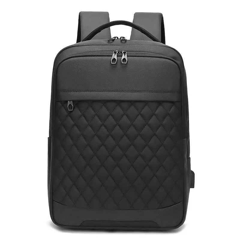 Men's solid colour Oxford cloth travel backpack with curved shoulder strap shown in black, blue, and grey.