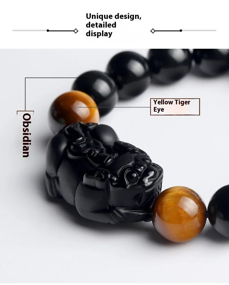 Black Mexican Gold Sheen Obsidian Pi Xiu charm bracelet with crystal beads.