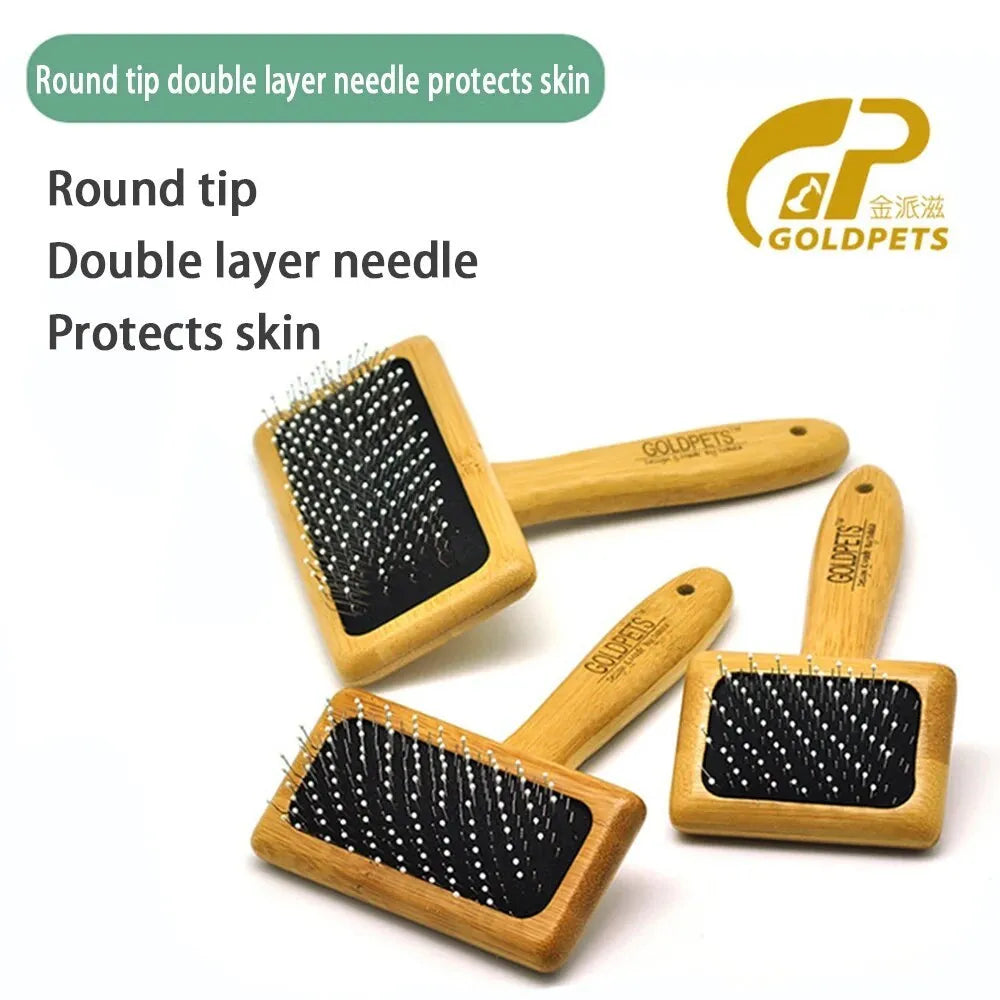 Goldpets bamboo handle pet slicker brush with stainless steel pins for grooming cats and dogs.