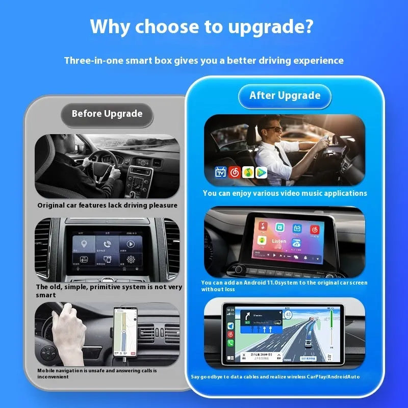 Black Android CarPlay wired to wireless converter adapter box with data cables