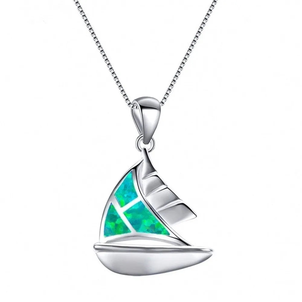 Fashion sailboat pendant necklace for women in green colour on alloy box chain with Opal pendant