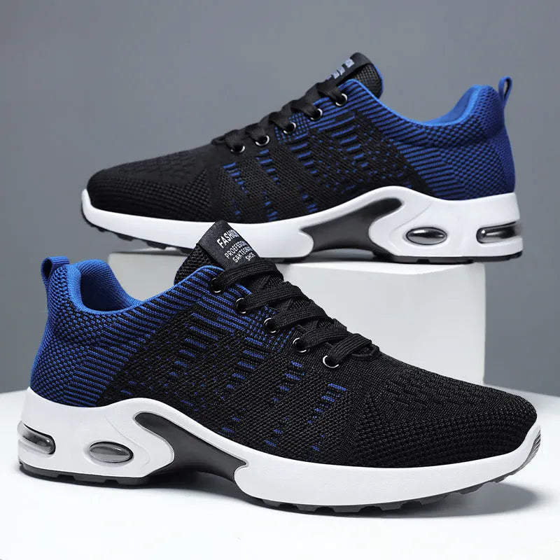 Men's low-top black and grey casual sneakers with breathable mesh upper and flat sole