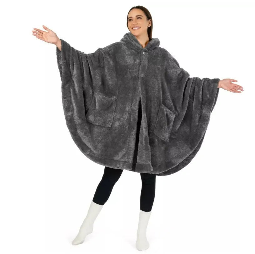 A thick free size hooded bathrobe in black, shown on a hanger.
