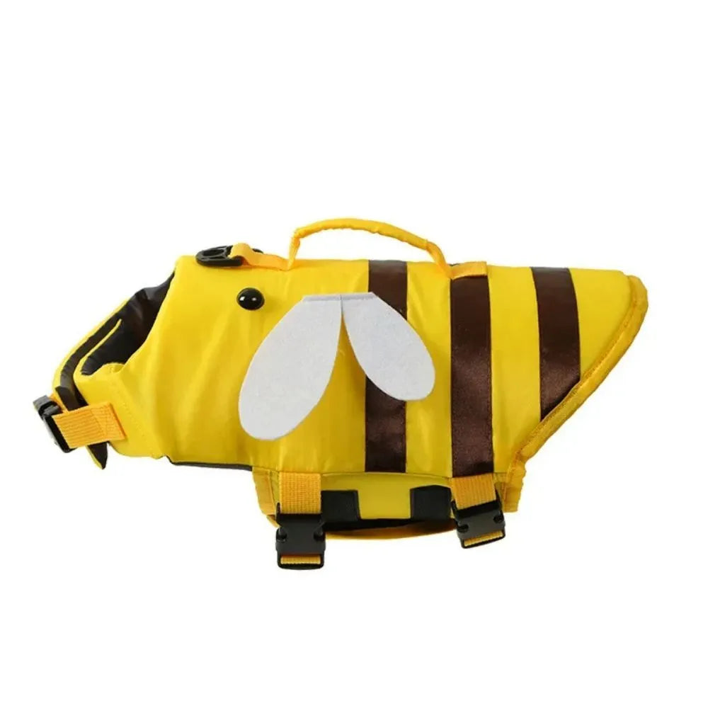 Green dog life vest with reflective trim and plastic buckles on a dog model.