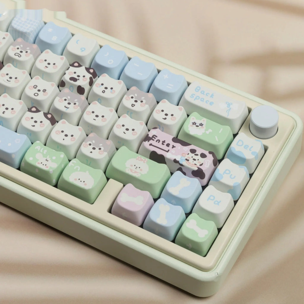 Cat and dog design PBT sublimation keycap set for mechanical keyboards showing colourful artwork