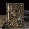 A5 leather notebook with embossed 3D warriors relief design on the cover, shown in bronze colour.