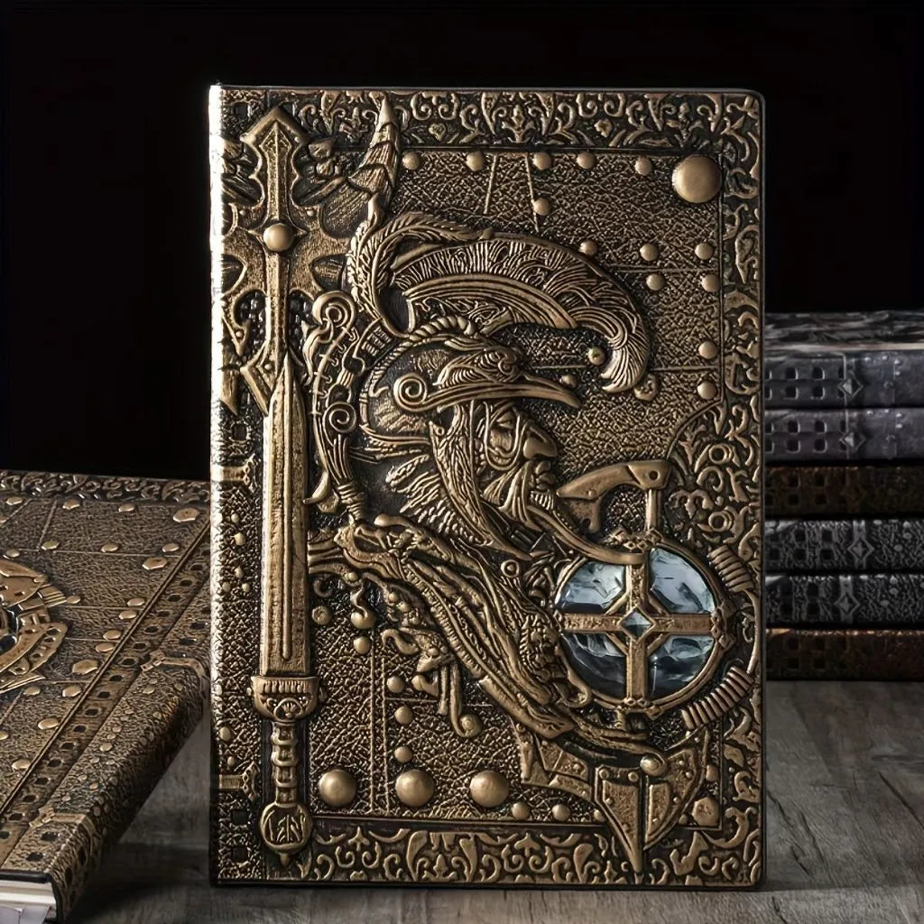 A5 leather notebook with embossed 3D warriors relief design on the cover, shown in bronze colour.