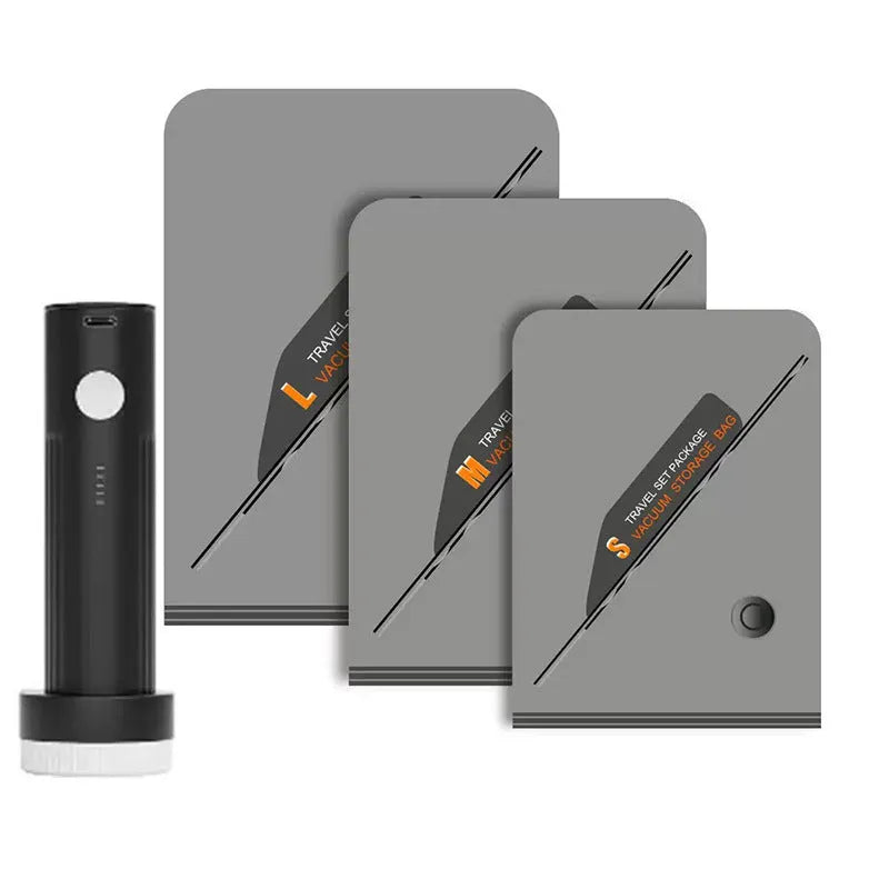 Vacuum compression bag set with PA PE material in three sizes and a white electric suction pump on a suitcase