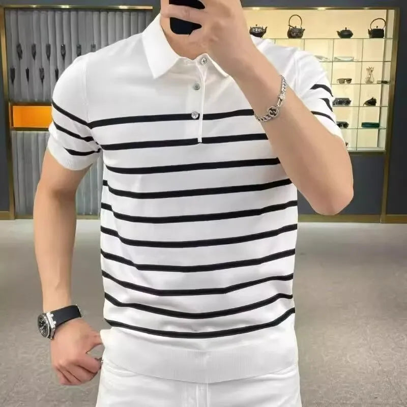 Striped lapel knitted T-shirt in black and white colour options showing polyester blend fabric