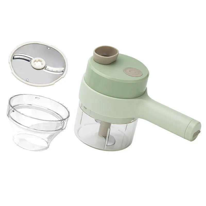Household multifunctional wireless electric garlic masher with plastic body, slicer combo, and Type-C cable on white background