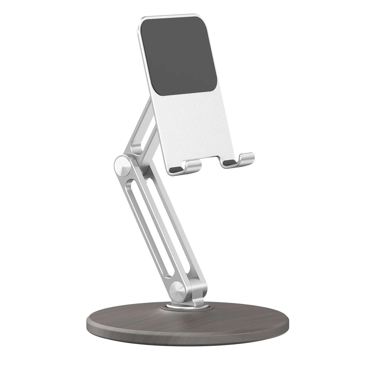 Silver aluminium alloy and wood grain desktop phone tablet stand with 360 degree rotation and folding design