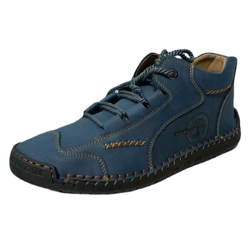Men's leather high-top casual shoes in army green with front lace-up and round toe design