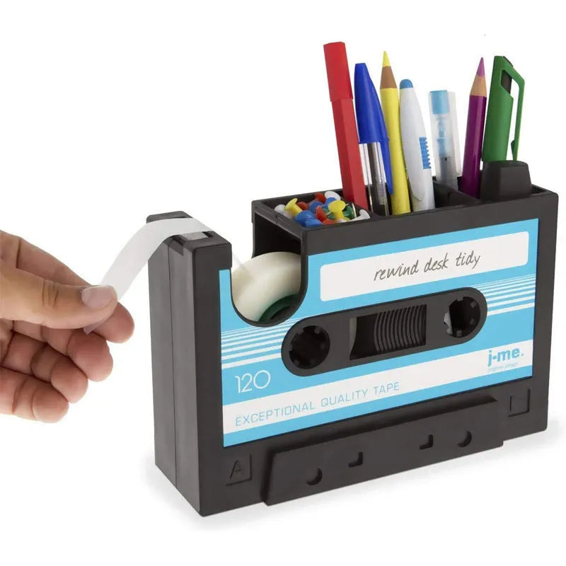 Blue plastic pen holder box 17x5x11.5cm for stationery phone and cables on a desk