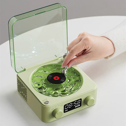 Retro Bluetooth Vinyl Record Player with Rotating Turntable, Nature Sounds, and RGB Lighting Effects