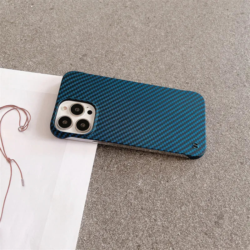 Frameless carbon fibre pattern hard shell phone case with bracket in silver, gold, green, blue, and red for iPhone 12 to 16 Pro Max.