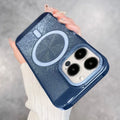 Electroplating magnetic phone case for iPhone models showing heat dissipation design and colour options